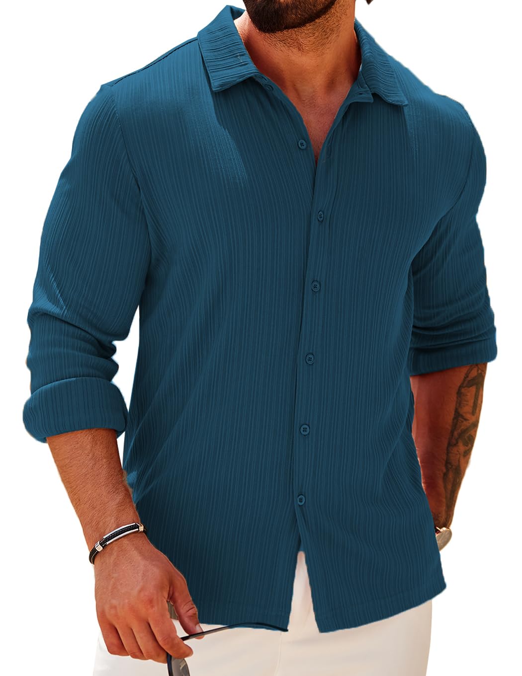 COOFANDY Men's Athletic Fit Dress Shirts for Men Ribbed Knit Fall Fashion Textured Button Up Shirts Slim Fit Wrinkle-Free Untucked Shirt Dark Blue Large