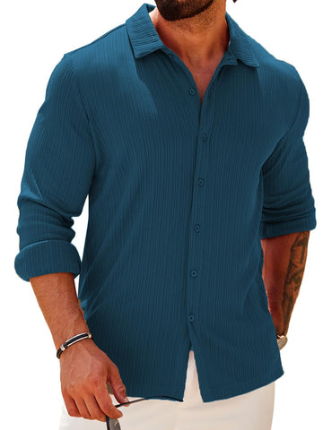 COOFANDY Men's Athletic Fit Dress Shirts for Men Ribbed Knit Fall Fashion Textured Button Up Shirts Slim Fit Wrinkle-Free Untucked Shirt Dark Blue Large