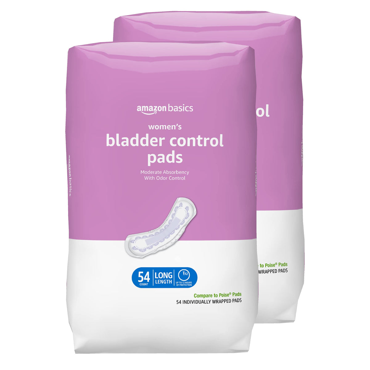 Amazon Basics Incontinence, Bladder Control Pads for Women, Moderate Absorbency, Long Length, 108 Count, 2 Packs of 54, White (Previously Solimo)