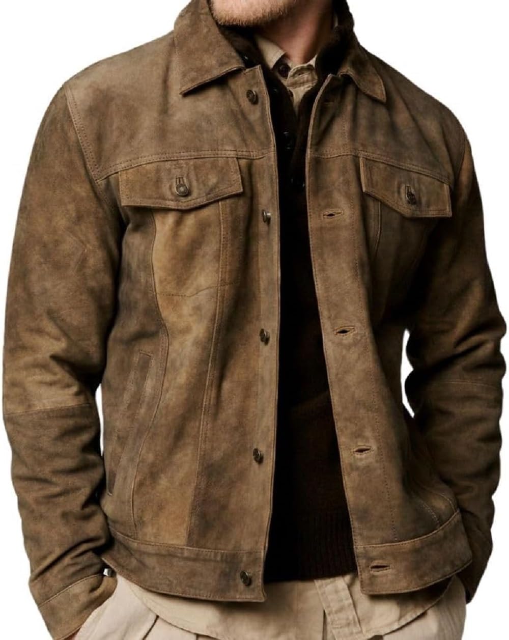 Premium Vintage Trucker Suede Leather Jacket Men Genuine Lambskin Men Leather Jackets Shirt Collar Jackets For Mens (US, Alpha, Large, Regular, Regular, Khaki Suede Leather)