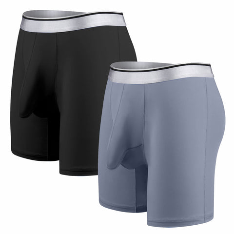 Ouruikia Men's Underwear Silky Smooth Boxer Briefs Long Leg Quick Dry Boxer Briefs with Separate Pouch Black/Grey L