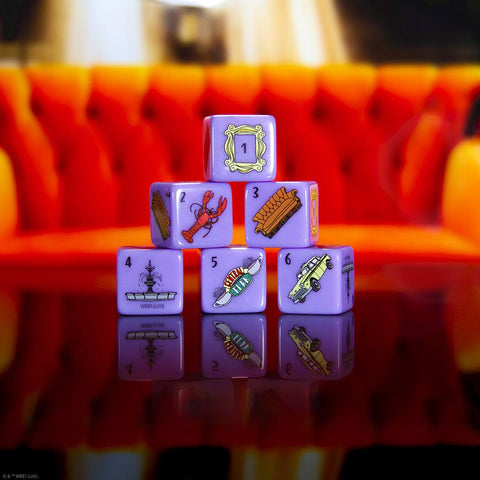 USAOPOLY Friends Dice Set | Collectible d6 Dice Featuring Characters & References - Picture Frame, Lobster, Couch, Fountain, Central Perk Sign, Phoebe's Taxi | Officially Licensed 6-Sided Dice