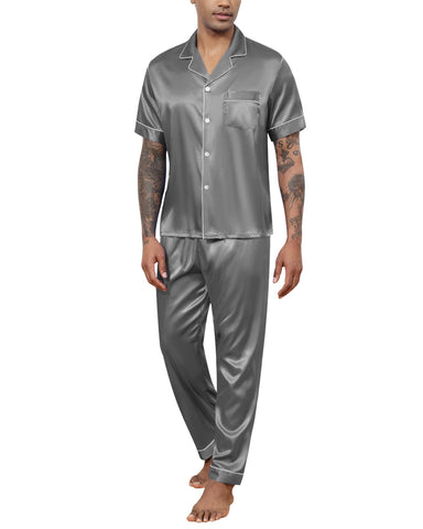 Reliwel Men's Silk Satin Pajamas Set 2 Piece Classic Button Up Pjs Sets Short Sleeve Tops & Long Pants Loungewear Sets Grey