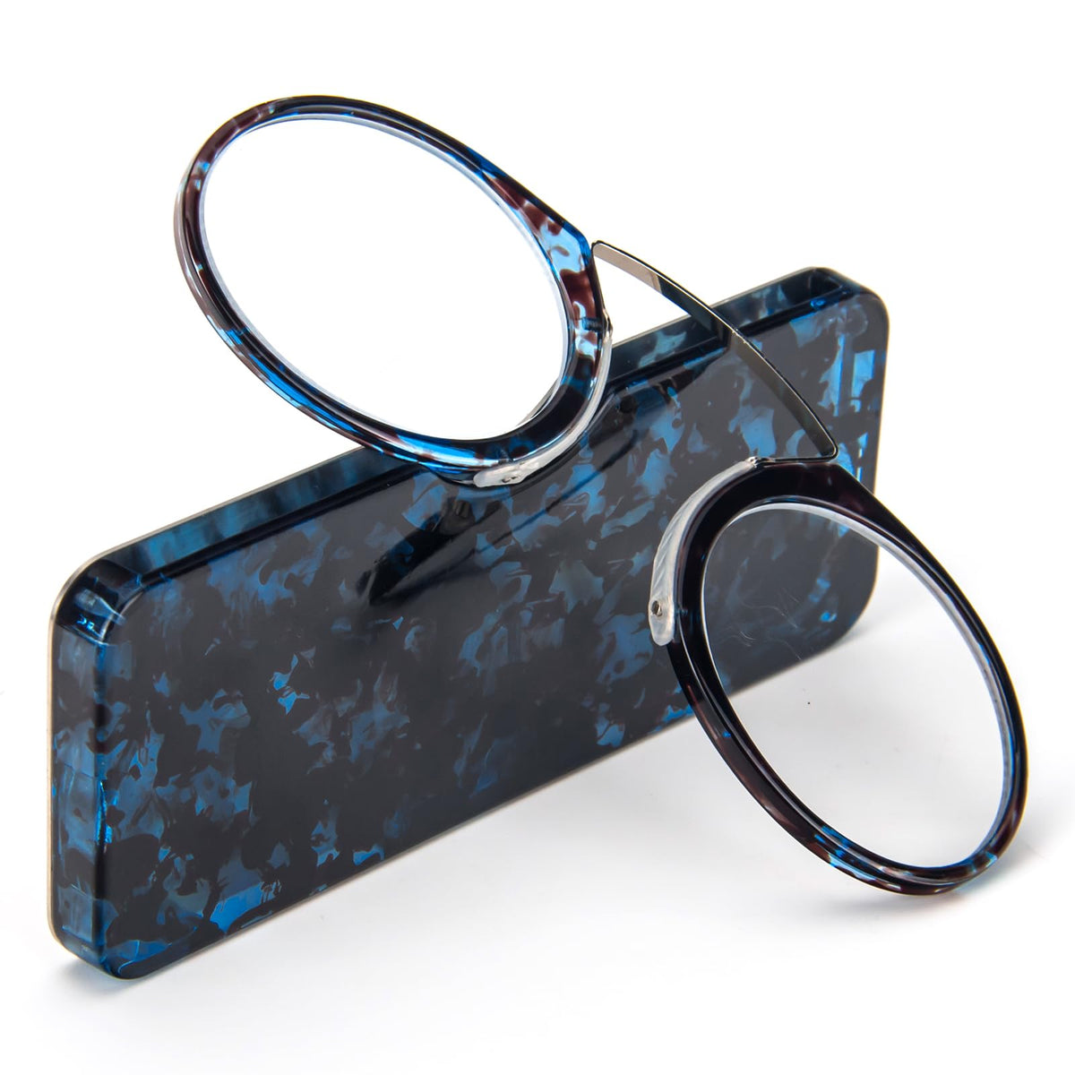 REAVEE Ultra Thin Armless Reading Glasses for Men Women, No Temple Pinch Nose Clip on Readers Small Pocket with Mini Portable Case, Blue Tortoise +1.5