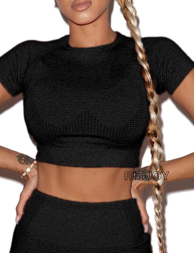 RIOJOY Women Seamless Short Sleeve Yoga Gym Crop Top Fitness Workout Running Top