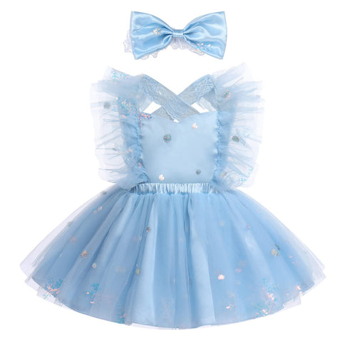 IDOPIP Baby Girls Snowflake Tutu Dress Summer Sleeveless Lace Princess Birthday Party Dresses Toddler Girl Communion Pageant Flower Sundress with Headband Outfit Blue Snowflake - Lace 2-3 Years