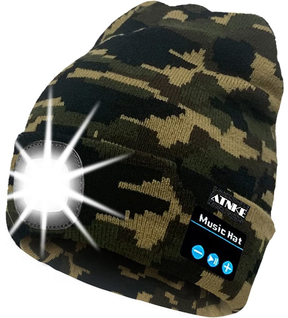 ATNKE LED Lighted Bluetooth Beanie Cap, USB Rechargeable Wireless Musical Running Hat Ultra Bright 4 LED Waterproof Light Lamp Use for Skiing Hiking Camping Cycling/Camouflage Army Green