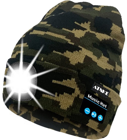 ATNKE LED Lighted Bluetooth Beanie Cap, USB Rechargeable Wireless Musical Running Hat Ultra Bright 4 LED Waterproof Light Lamp Use for Skiing Hiking Camping Cycling/Camouflage Army Green