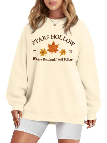 MYHALF Crewneck Sweatshirt for Women Fall Leaf Graphic Sweatshirts Vacation Long Sleeve Drop Shoulder Pullover Apricot
