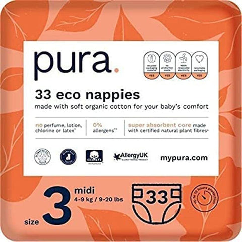 Pura Premium Eco Baby Nappies Size 3 (Midi 4-9kg / 9-20 lbs) 1 Pack of 33 Diapers, EU Ecolabel Certified, Made with Organic Cotton, up to 12-hour Leakage Protection