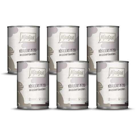 MjAMjAM - premium wet food for cats - delicious horse on steamed pumpkin, pack of 6 (6 x 400 g), grain-free with extra meat