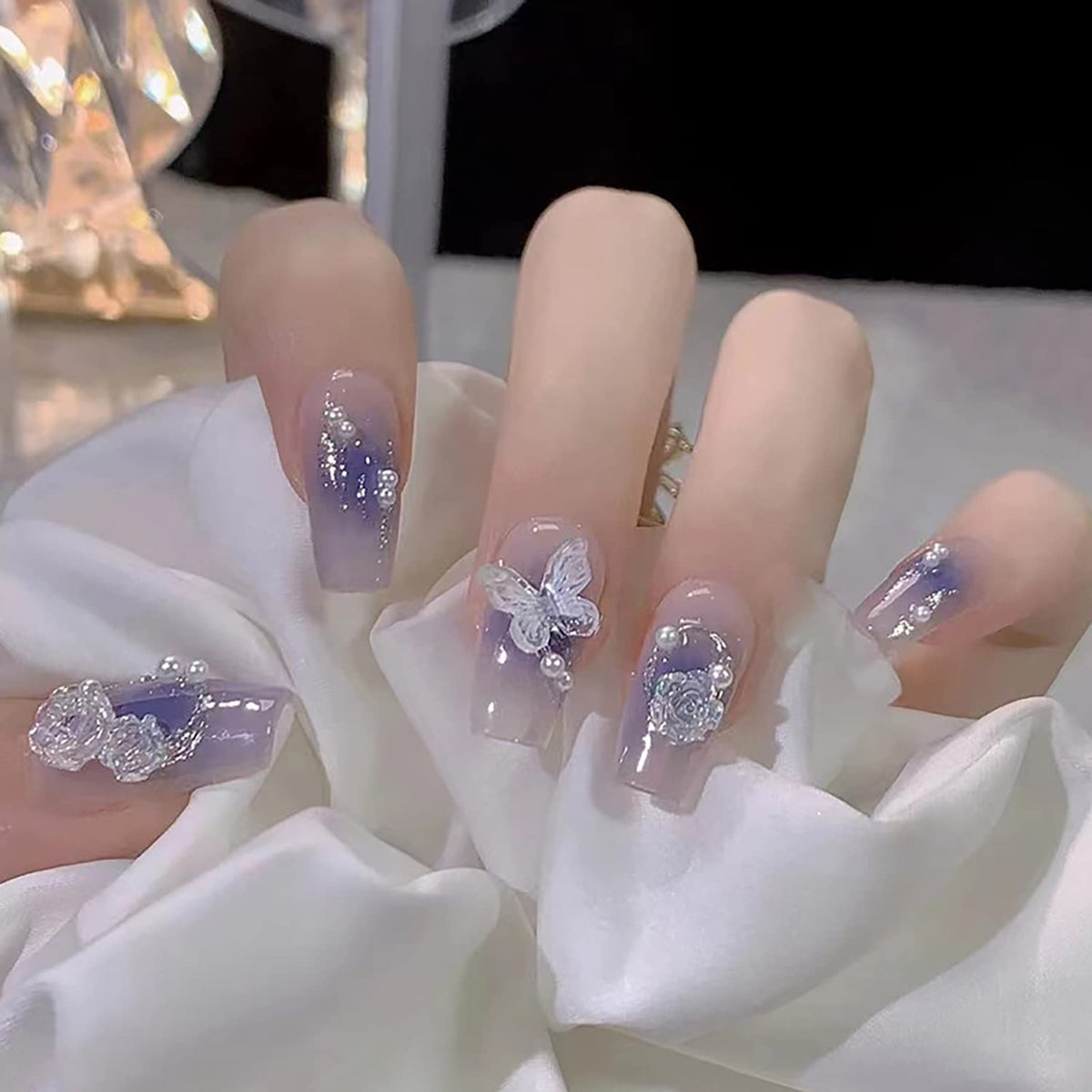 Press on Nails Square Medium Length, Artificial Acrylic Fake Nails with Butterfly Flowers Designs, 24Pcs Full Cover Reusable Coffin False Nails Set, Women Glue on Nails, Stick on Nails for Nail Art