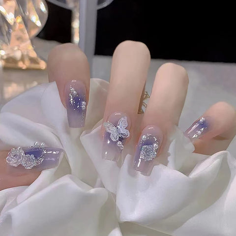Press on Nails Square Medium Length, Artificial Acrylic Fake Nails with Butterfly Flowers Designs, 24Pcs Full Cover Reusable Coffin False Nails Set, Women Glue on Nails, Stick on Nails for Nail Art