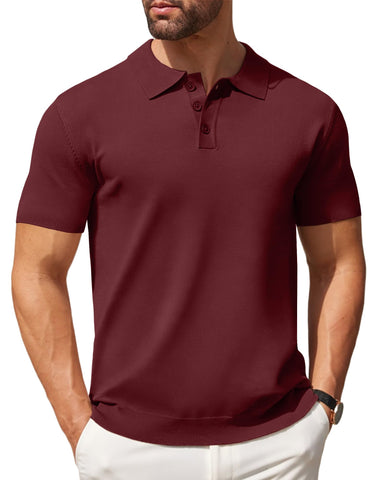 COOFANDY Mens Polo Shirts Pullover Short Sleeve Knit Button Down Shirts Casual Golf Shirts Wine Red