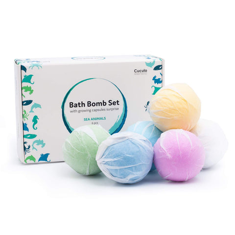 Set of 6 Bath Bombs with Magical Growing Capsules, SEA Collection, VANILLA Fragrance, Funny Fizzy Bath Time