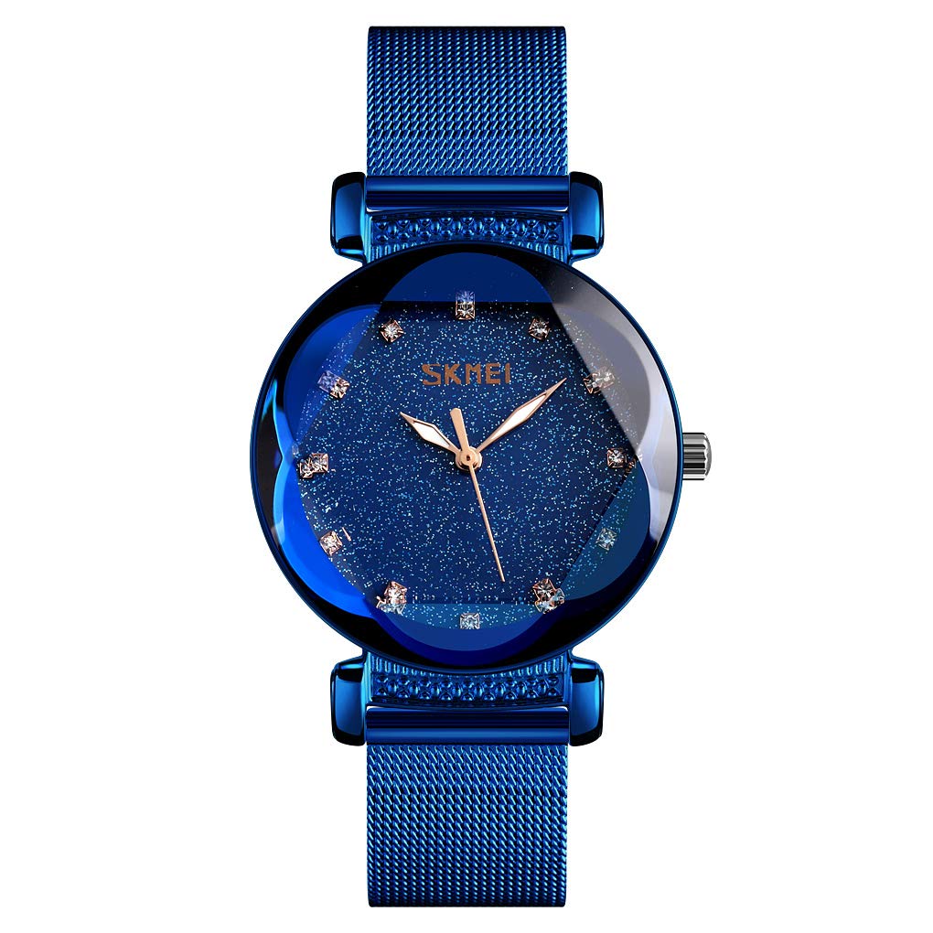 SKMEI Womens Fashion Watches, Blue Starry Sky Dial Waterproof Casual Dress Analogue Quartz Stainless Steel Ladies Wristwatch Gift (Blue)