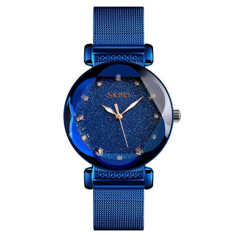 SKMEI Womens Fashion Watches, Blue Starry Sky Dial Waterproof Casual Dress Analogue Quartz Stainless Steel Ladies Wristwatch Gift (Blue)