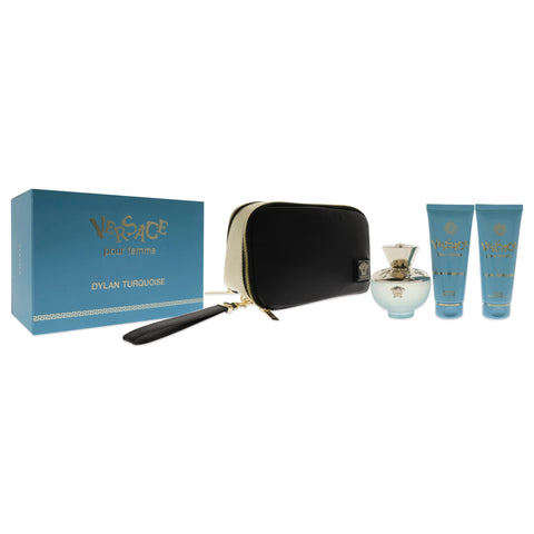 Versace Dylan Turquoise Pour Femme EDT Spray 3.4oz Gift Set - 4 Pc Set with Body Gel, Bath and Shower Gel, Pouch