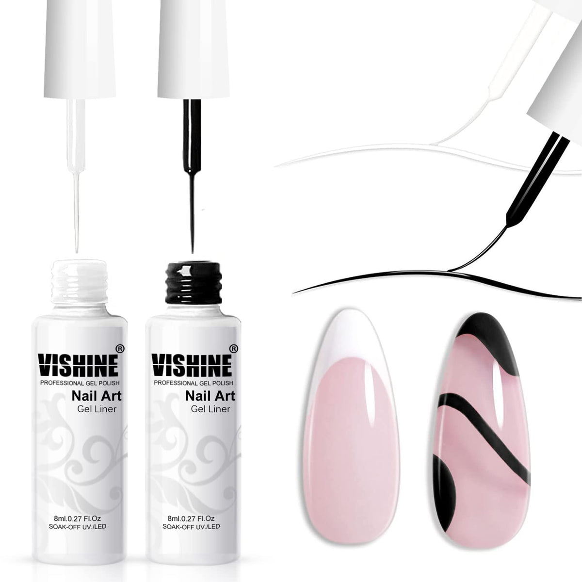 Vishine Gel Polish Nail Art Gel Liner Set - 2 Classic White Black Colors Gel Art Paint for Swirl Nails Euphoria Nail Built Thin Nail Art Brush in Gel Pens Soak off Nail Art Gel Polish