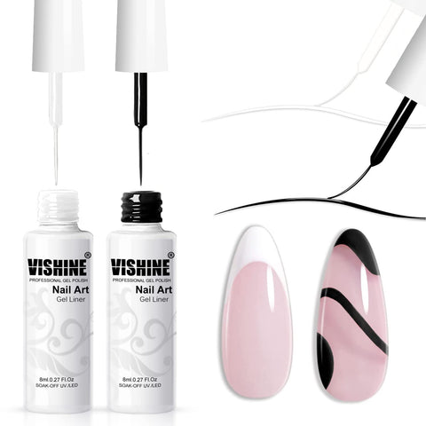 Vishine Gel Polish Nail Art Gel Liner Set - 2 Classic White Black Colors Gel Art Paint for Swirl Nails Euphoria Nail Built Thin Nail Art Brush in Gel Pens Soak off Nail Art Gel Polish
