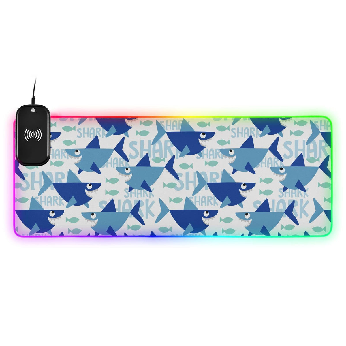 Blue Cartoon Shark Wireless Charging Mouse Pad for Mobile Phone Extra Large Gaming Mousepad with 13 Lighting Modes Extended Desk Mat for Office Home Gaming MacBook PC Laptop Desk