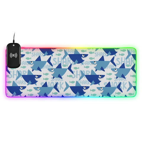 Blue Cartoon Shark Wireless Charging Mouse Pad for Mobile Phone Extra Large Gaming Mousepad with 13 Lighting Modes Extended Desk Mat for Office Home Gaming MacBook PC Laptop Desk