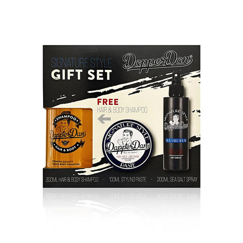 Dapper Dan Signature Style Gift Set, Includes High Hold and Low Shine Signature Style Paste 100ml, Texturizing Signature Style Sea Salt Spray 200ml and Hair and Body Shampoo with Vitamin B5 300ml