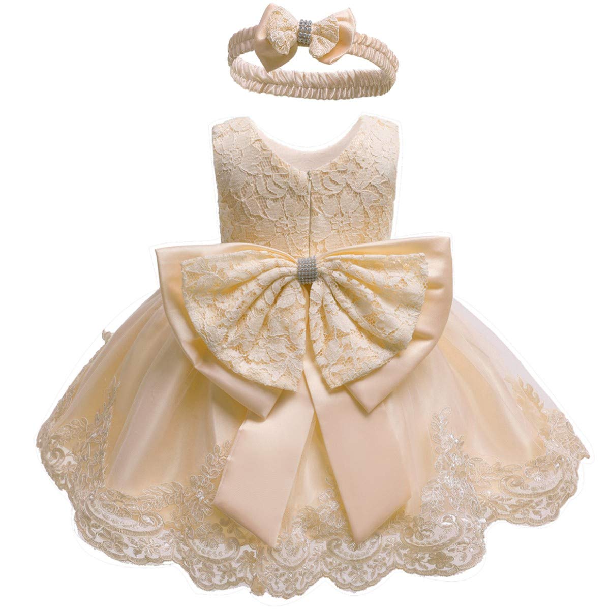 HIHCBF Baby Girls 1st/2nd Birthday Christening Dress Princess Bowknot Flower Lace Dresses Wedding Baptism Tutu Ball Gown Champagne 18-24M
