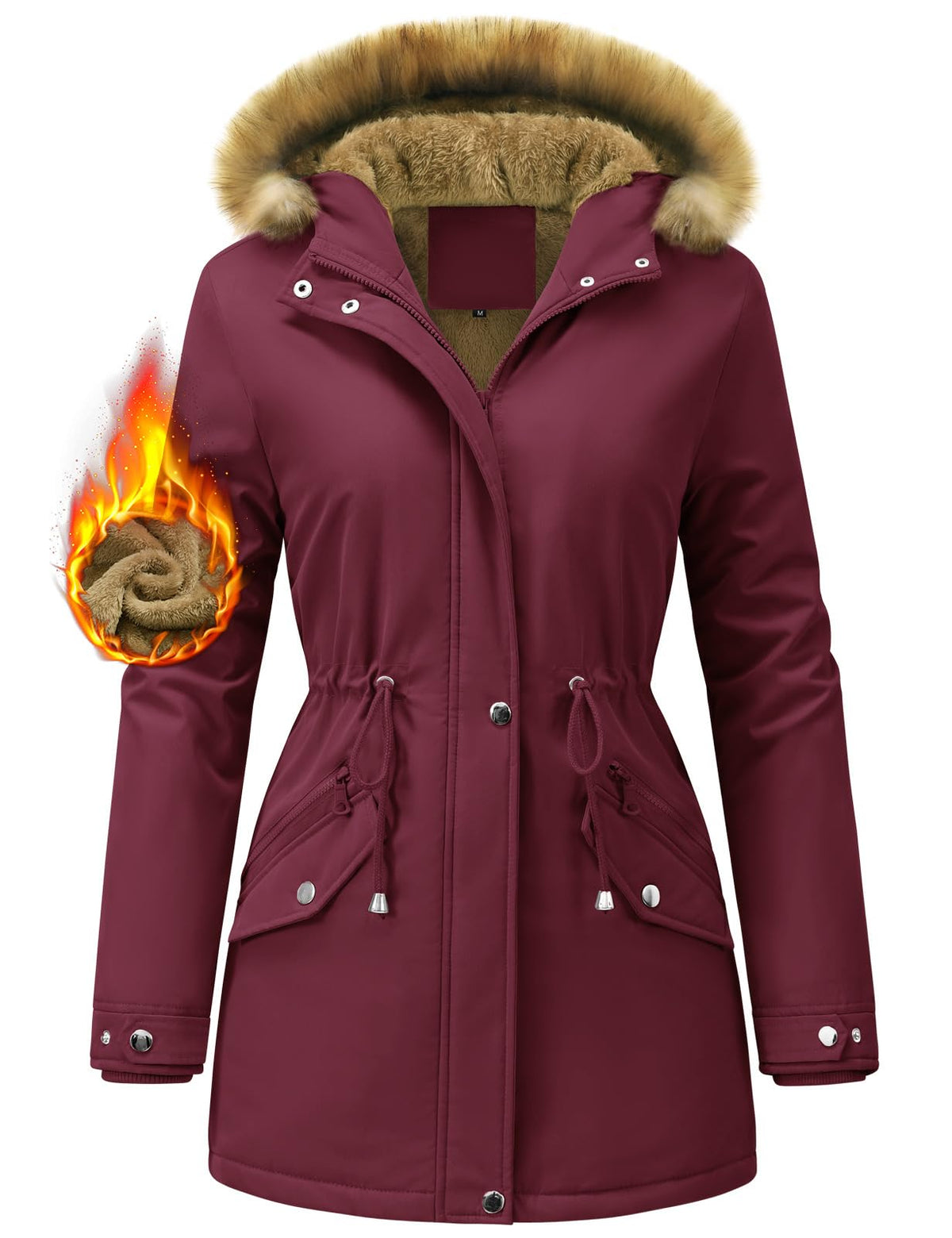 FemiChic Women Winter Coat UK Fleece-Lined Jackets Ladies Long Winterproof Parka Warm Padded Coats Thermal Thickened Hooded Outwear Detachable Hood Overcoat(Wine Red,S)