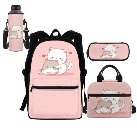 HELLHERO Girls School Bag for Kids 6-8 10-12 Kawaii Cat Backpack Set with Lunch Bag Pencil Case Water Bottle Sleeve Elementary Middle High School Bookbag College Rucksack Daypack