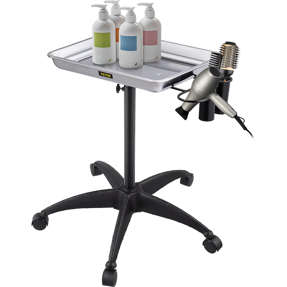 VEVOR Adjustable Height Medical Tray, 17.7" x 13" Top Tray, 2 Cups & 1 Hair Dryer Ring, Silver