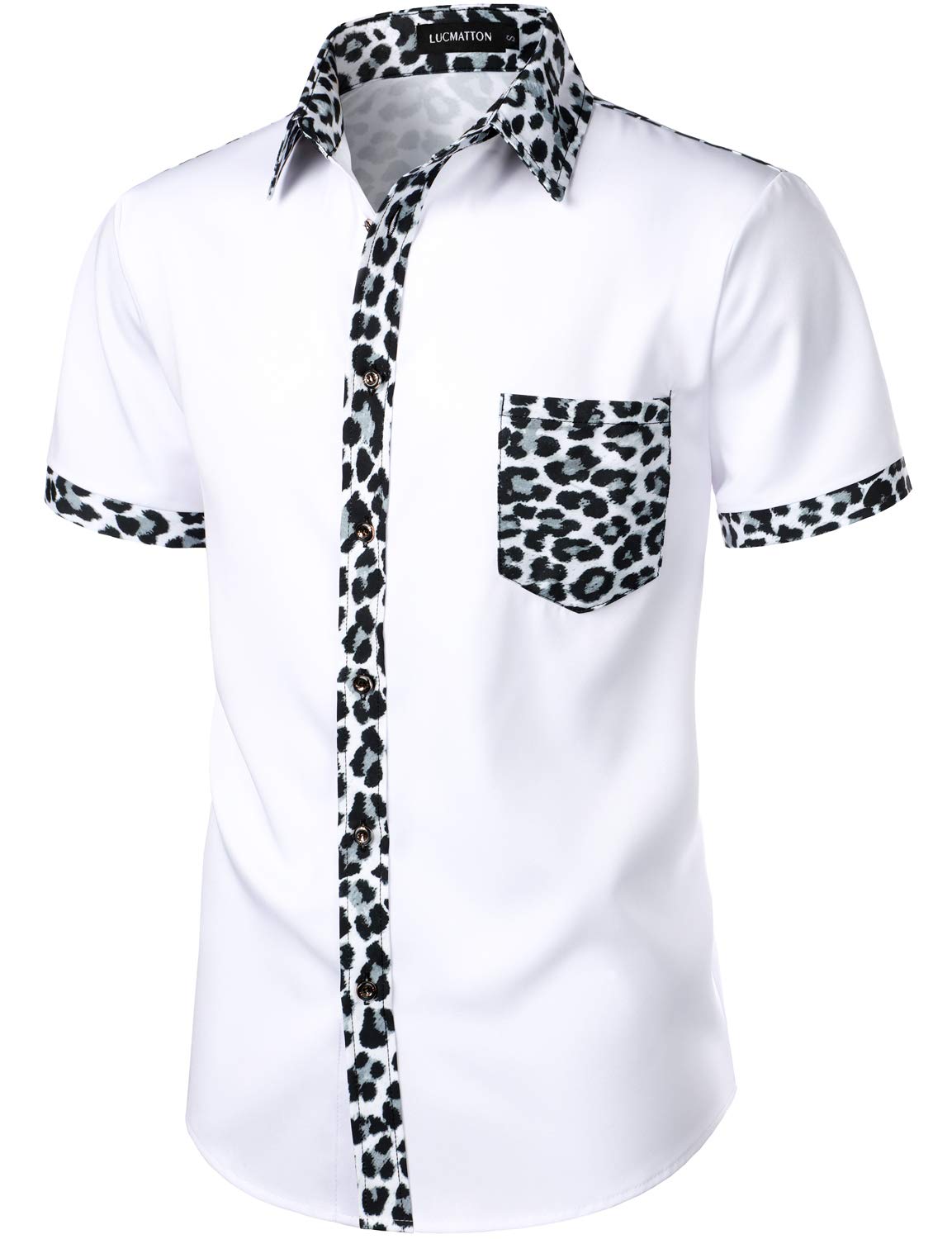 LucMatton Men's Stylish Leopard Print Patchwork Design Short Sleeve Button up Shirt for Club Party White Leopard Medium