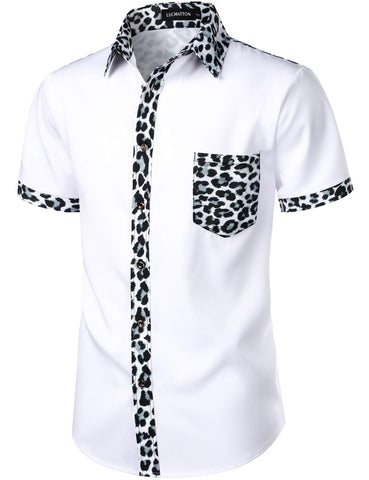 LucMatton Men's Stylish Leopard Print Patchwork Design Short Sleeve Button up Shirt for Club Party White Leopard Medium