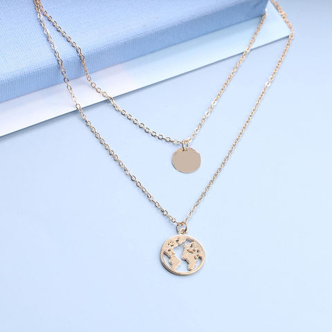 Yheakne Boho Layered Coin Map Necklace Gold Disc Pendant Necklace Chain Vintage Double Layer Necklace Jewelry for Women and Girls (Gold with map)