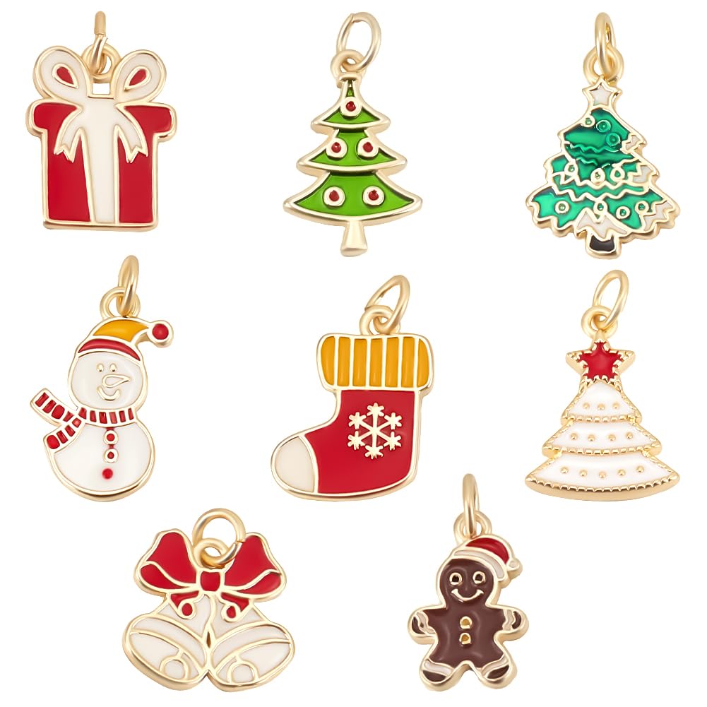 Beebeecraft 1 Box 8Pcs 8 Styles Gold Christmas Themed Charms Real 18K Gold Plated Brass with Enamel Xmas Charms Pendants for Jewelry Making Craft