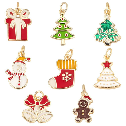 Beebeecraft 1 Box 8Pcs 8 Styles Gold Christmas Themed Charms Real 18K Gold Plated Brass with Enamel Xmas Charms Pendants for Jewelry Making Craft