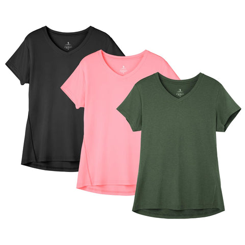 icyzone Workout Shirts Yoga Tops Activewear V-Neck T-Shirts for Women Running Fitness Sports Short Sleeve Tees (Solid Black/Pale Pink/Dark Green, XXL)