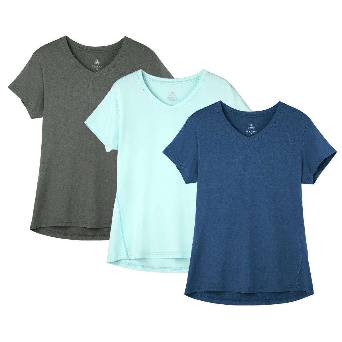 icyzone Workout Shirts Yoga Tops Activewear V-Neck T-Shirts for Women Running Fitness Sports Short Sleeve Tees (Dark Grey/True Navy/Aqua, M)