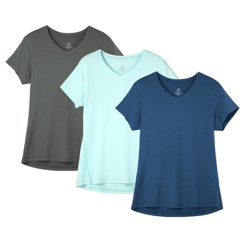 icyzone Workout Shirts Yoga Tops Activewear V-Neck T-Shirts for Women Running Fitness Sports Short Sleeve Tees (Dark Grey/True Navy/Aqua, M)