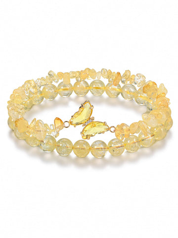 CrystalTears Citrine Crystal Bracelets for Women Natural Healing Yellow Gemstone Beaded Bracelet Butterfly Charms Stone Layered Bracelet Jewellry Gifts for Women Girls Birthday Christmas
