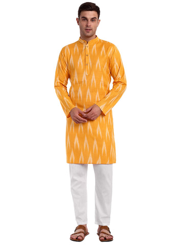 SKAVIJ Men's Pure Cotton Printed Kurta Pajama Set Ikat Design Casual Ethnic Dress (KP118gold_Gold_XL)