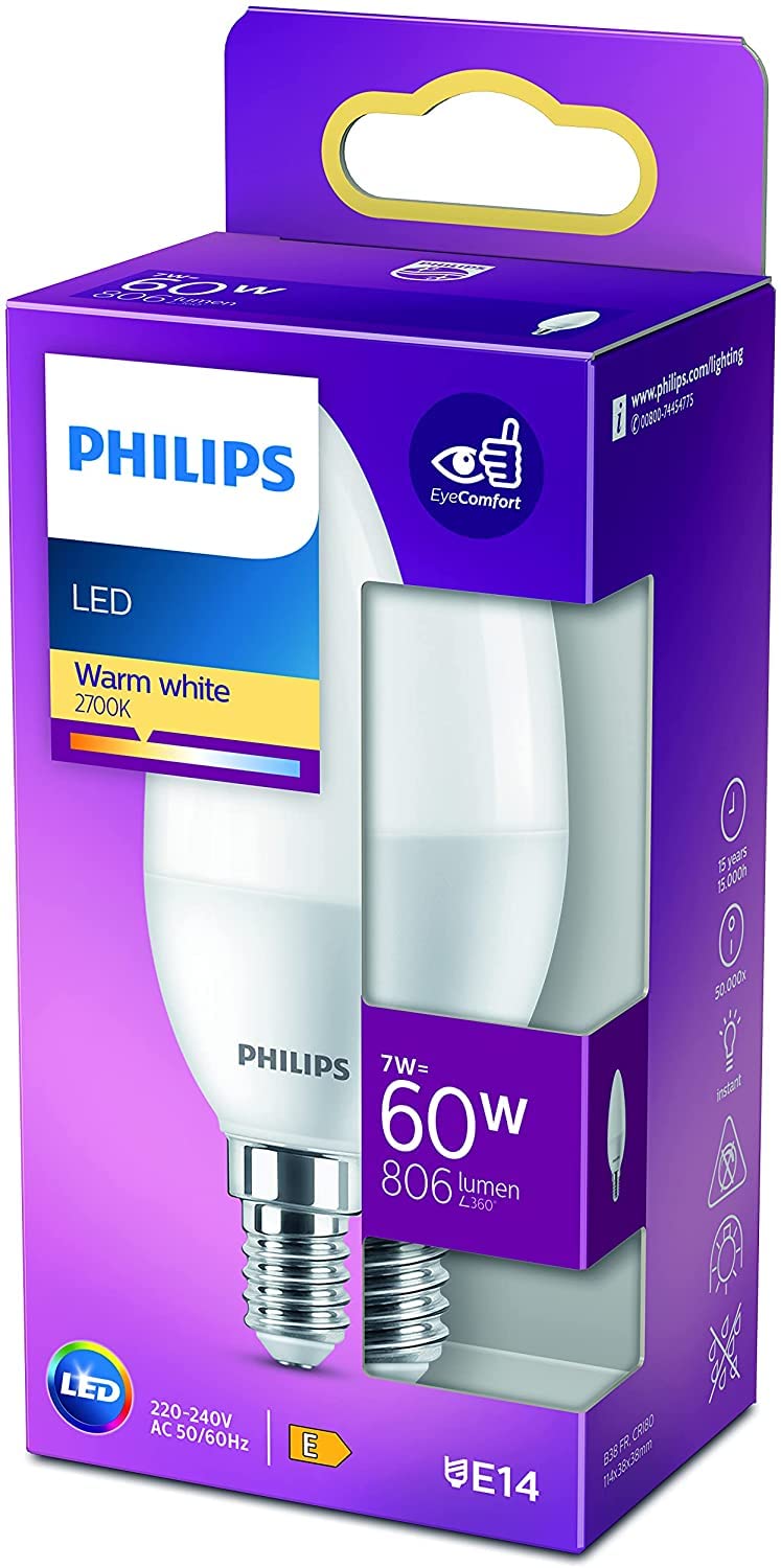 Philips LED bulb with 60 W, E14 socket, warm white