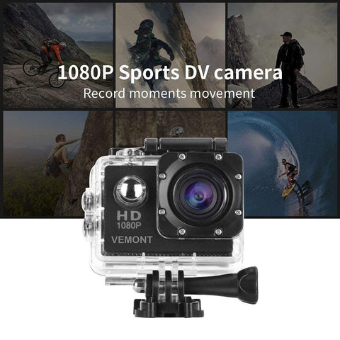VEMONT Full HD 2.0 Inch Action Camera 1080P 12MP Sports Camera Action Cam Underwater 30m/98ft Waterproof Camera and Mounting Accessories Kit for Diving/Bicycle/Climbing/Swimming etc