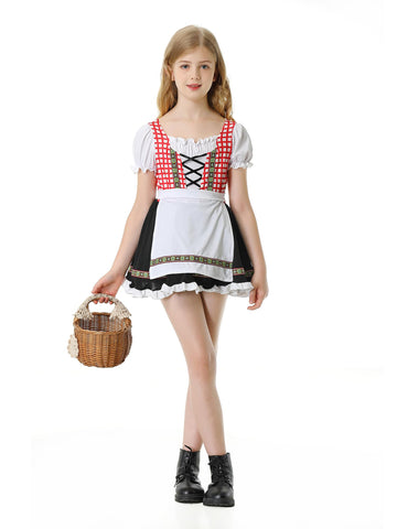 maxToonrain Kids Oktoberfest Outfit Traditional German Red and White Grid Dirndl Dress for Girls Age 3-12 Years Bavarian Oktoberfest Maid Costme (Large, 9-10 Year)
