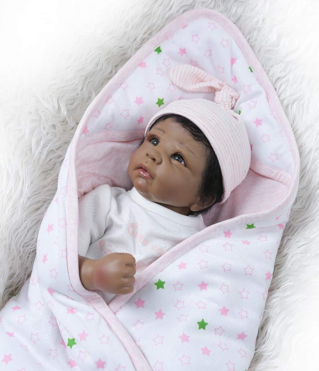 TERABITHIA 20inch 50cm Realistic Reborn Baby Doll in Silicone Vinyl Black African-American Stuffed Cloth Body Newborn Dolls That Look Real and Feel Real Child Xmas Gift