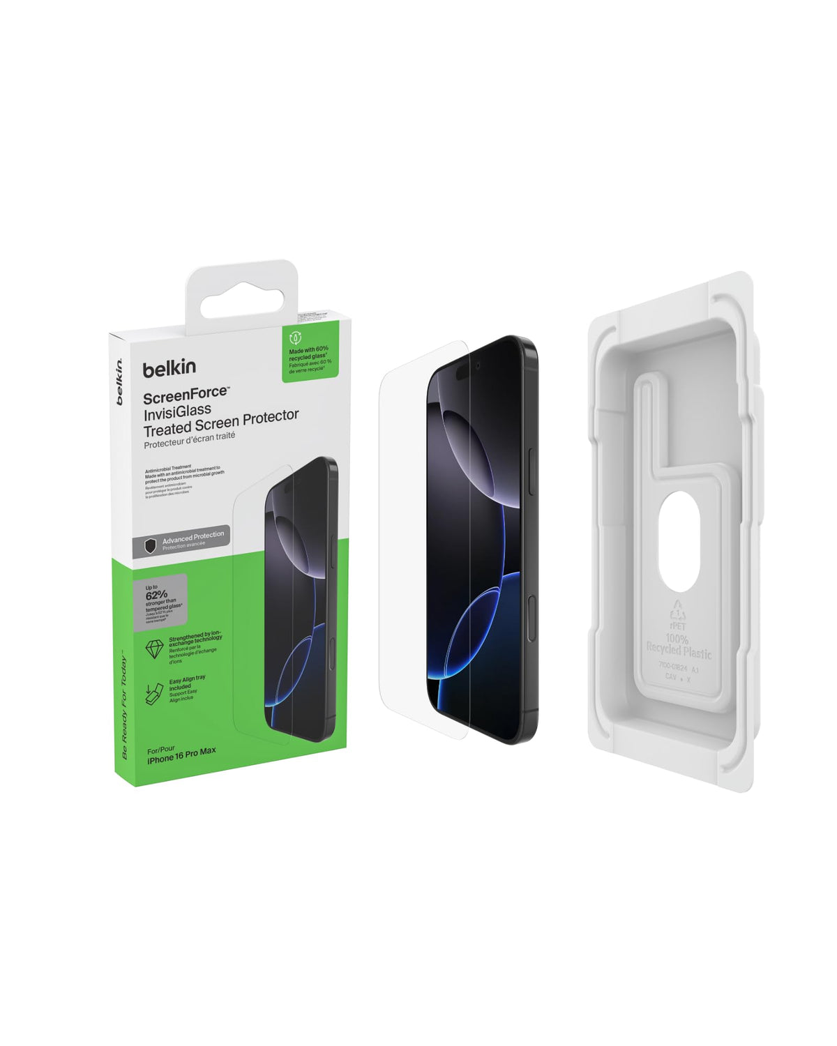 Belkin ScreenForce InvisiGlass Treated Screen Protector for iPhone 16 Pro Max, Scratch-Resistant Impact Protection w/Included Easy Align Tray for Bubble Free Application - Made with Recycled Glass