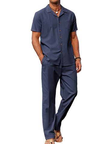 COOFANDY Men 2 Piece Linen Outfit Beach Button Down Shirt Casual Loose Pant Sets