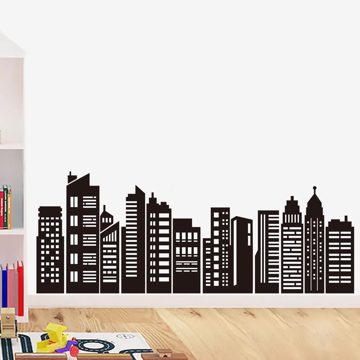 decalmile Black City Skyline Wall Stickers Silhouette Hero Wall Decals Kids Bedroom Boys Room Bathroom Wall Decor