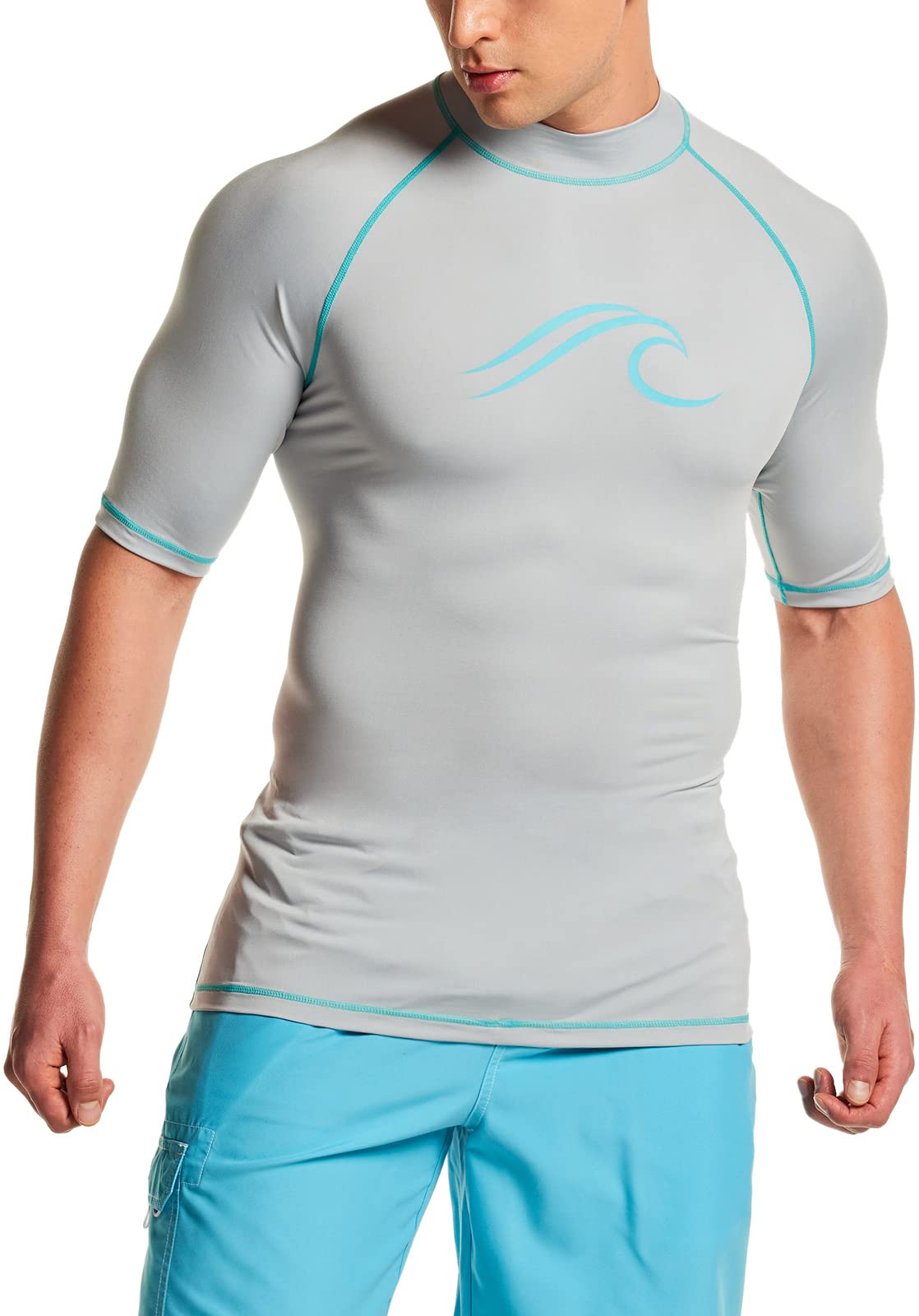 ATHLIO Men's UPF 50+ Rash Guard, UV/SPF Short Sleeve Swim Shirt, Active Water Beach Surf Swimsuit Top, Wave Light Grey & Aqua, XX-Large