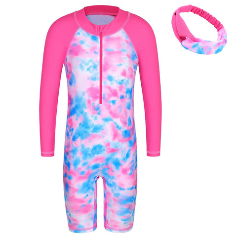 BAOHULU Girls Swimsuit UPF 50+ UV One Piece Swimwear Zipper Rashguard Bathing Suit with Hairband S373_PinkTieDye_140/146